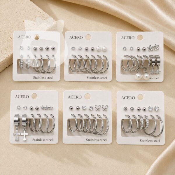 Set Aro Argolla Acero Quirúrgico Plateado 6pcs