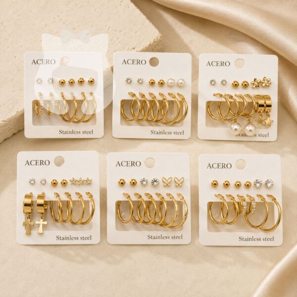 Set Aro Argolla Acero Quirúrgico Dorado 6pcs