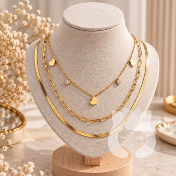 Collar Triple Corazón Dorado Acero Quirúrgico
